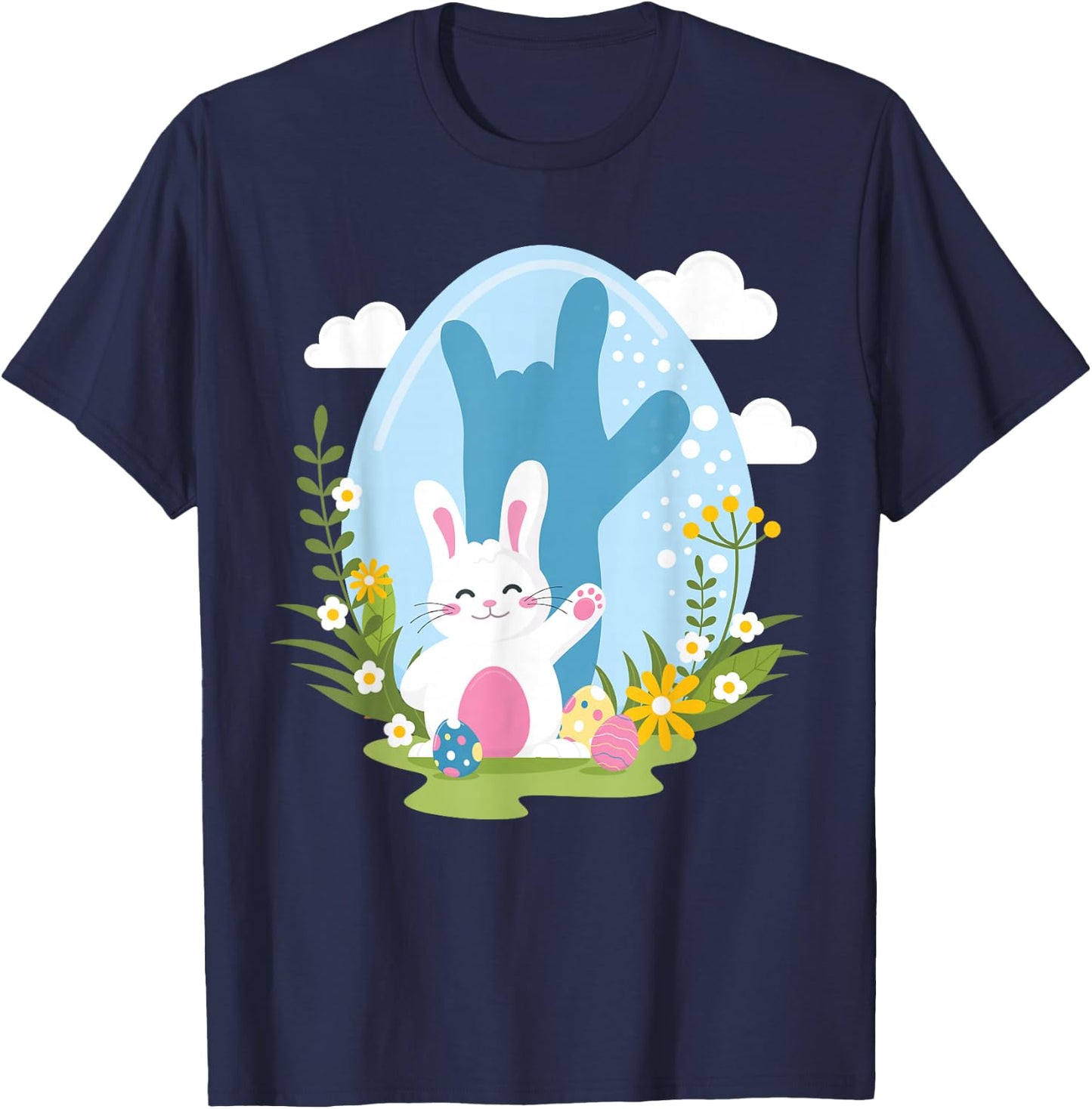 ASL Easter Bunny Reflection I Love You Hand Sign Language T-Shirt - T-Shirt | Navy