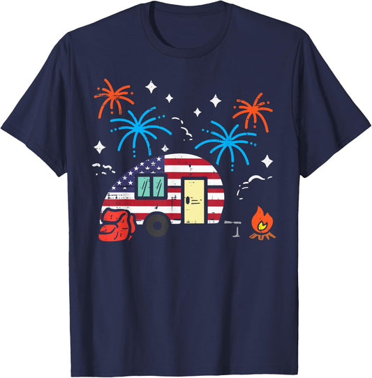 Camping Trailer US Flag Patriotic RV Camper Men Women Kids T-Shirt - T-Shirt | Navy
