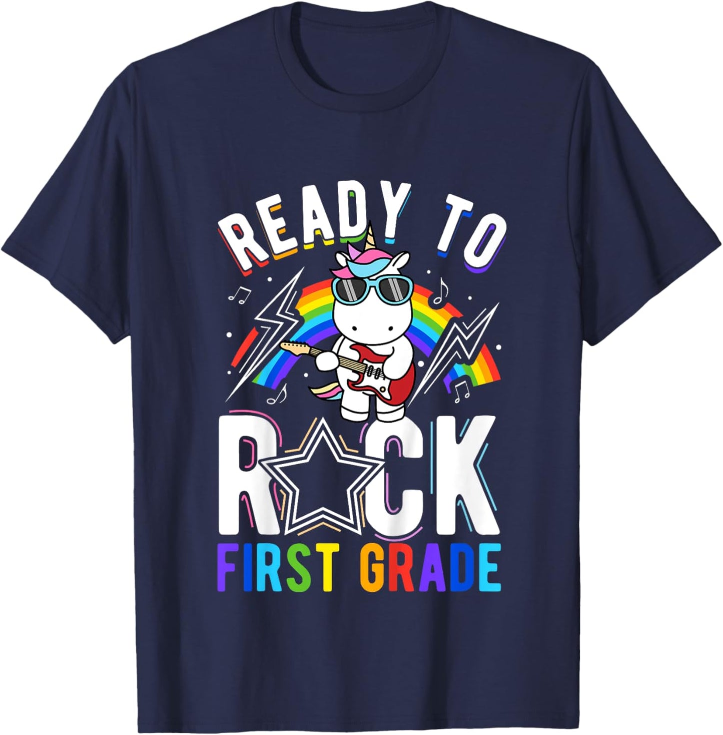 Kids READY TO Rock First Grade Rock Dinosaur School Learning T-Shirt - T-Shirt | Navy