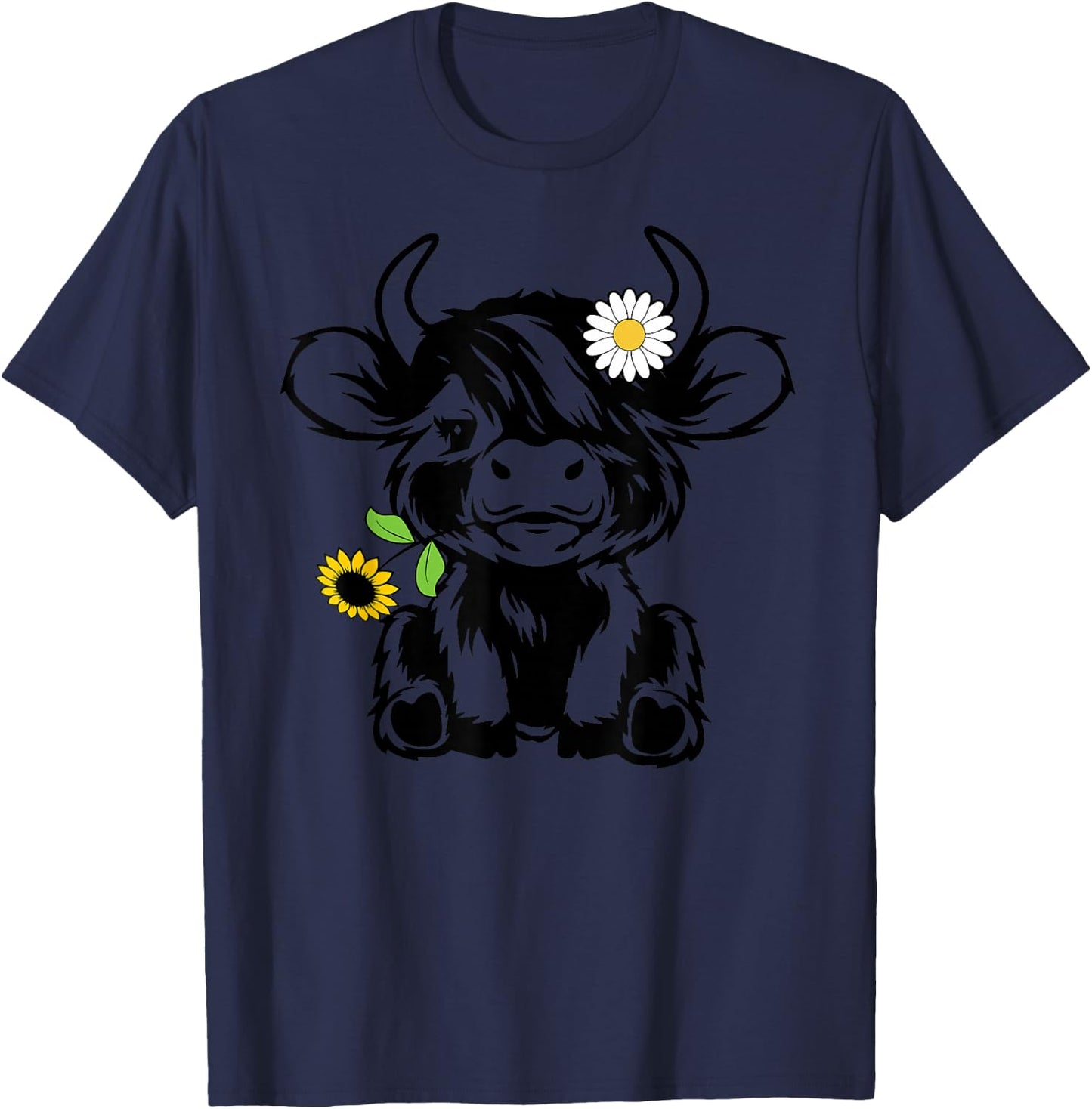Cute Highland Cow Sunflower T-Shirt - T-Shirt | Navy
