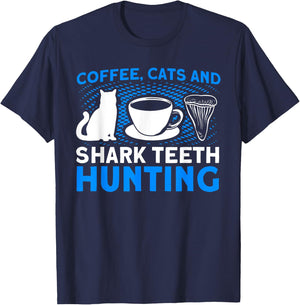 Coffee Cats And Shark Teeth Hunting Tooth Hunter T-Shirt - T-Shirt | Navy