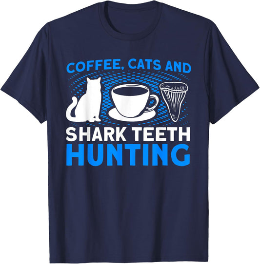 Coffee Cats And Shark Teeth Hunting Tooth Hunter T-Shirt - T-Shirt | Navy