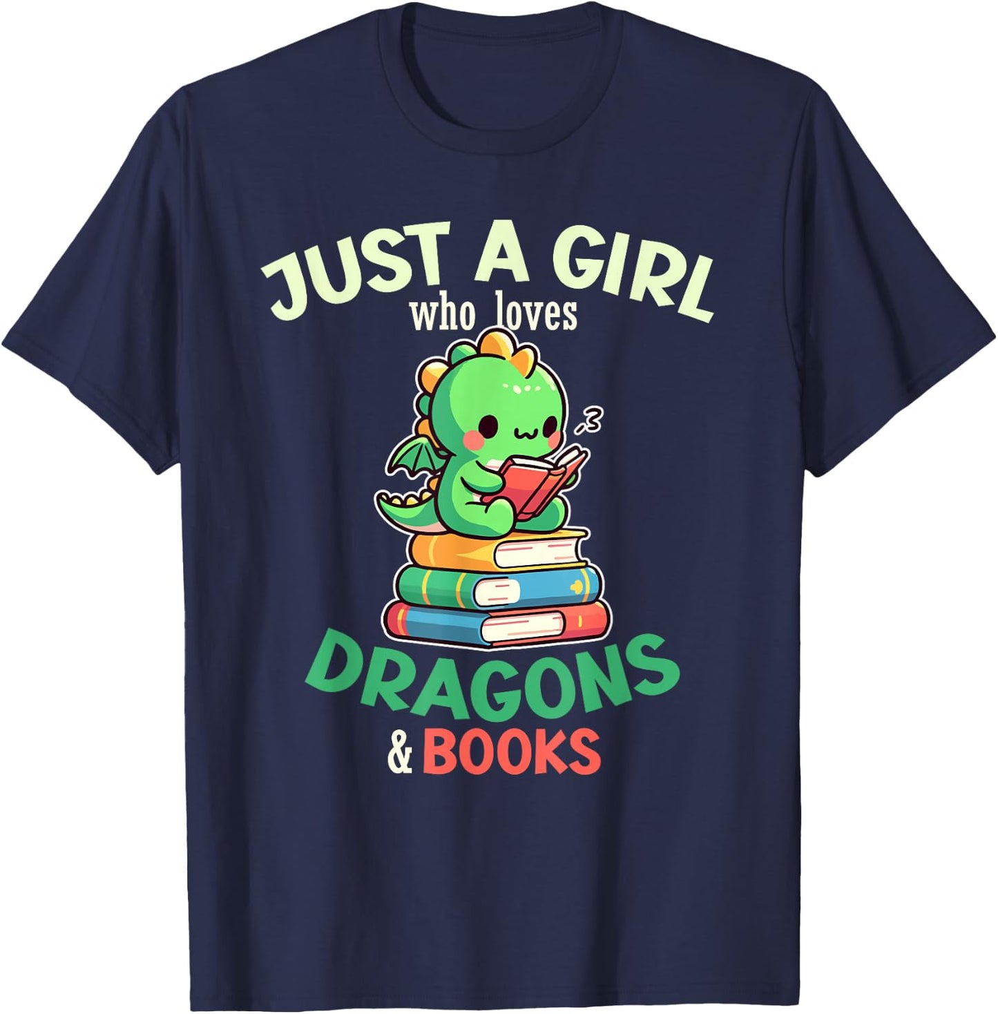 Just a Girl Who Loves Dragons & Books Book Lover Kids Nerd T-Shirt - T-Shirt | Navy