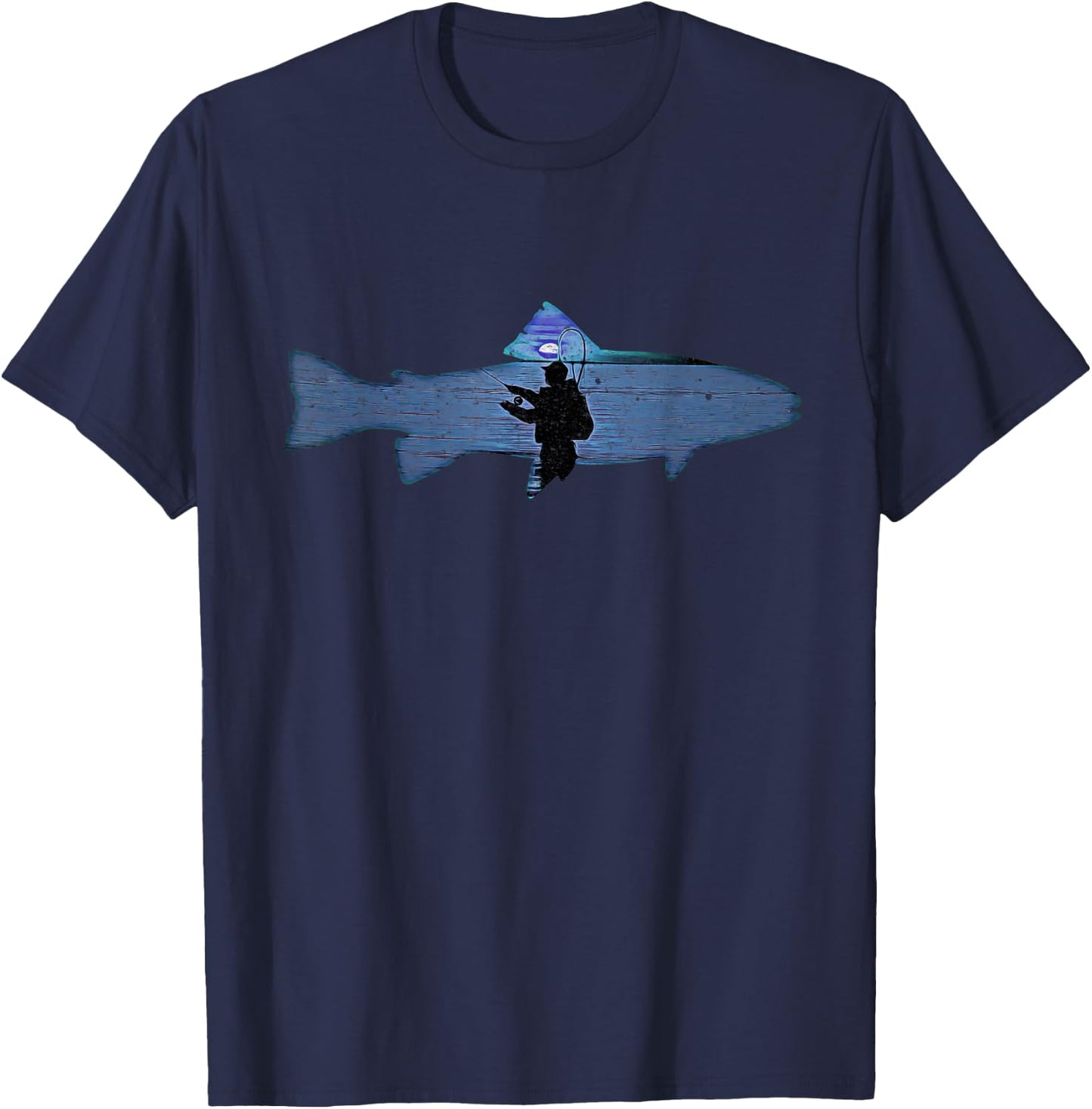 Trout Fly Fishing Nature Outdoor Fisherman In Blue Sunset T-Shirt - T-Shirt | Navy