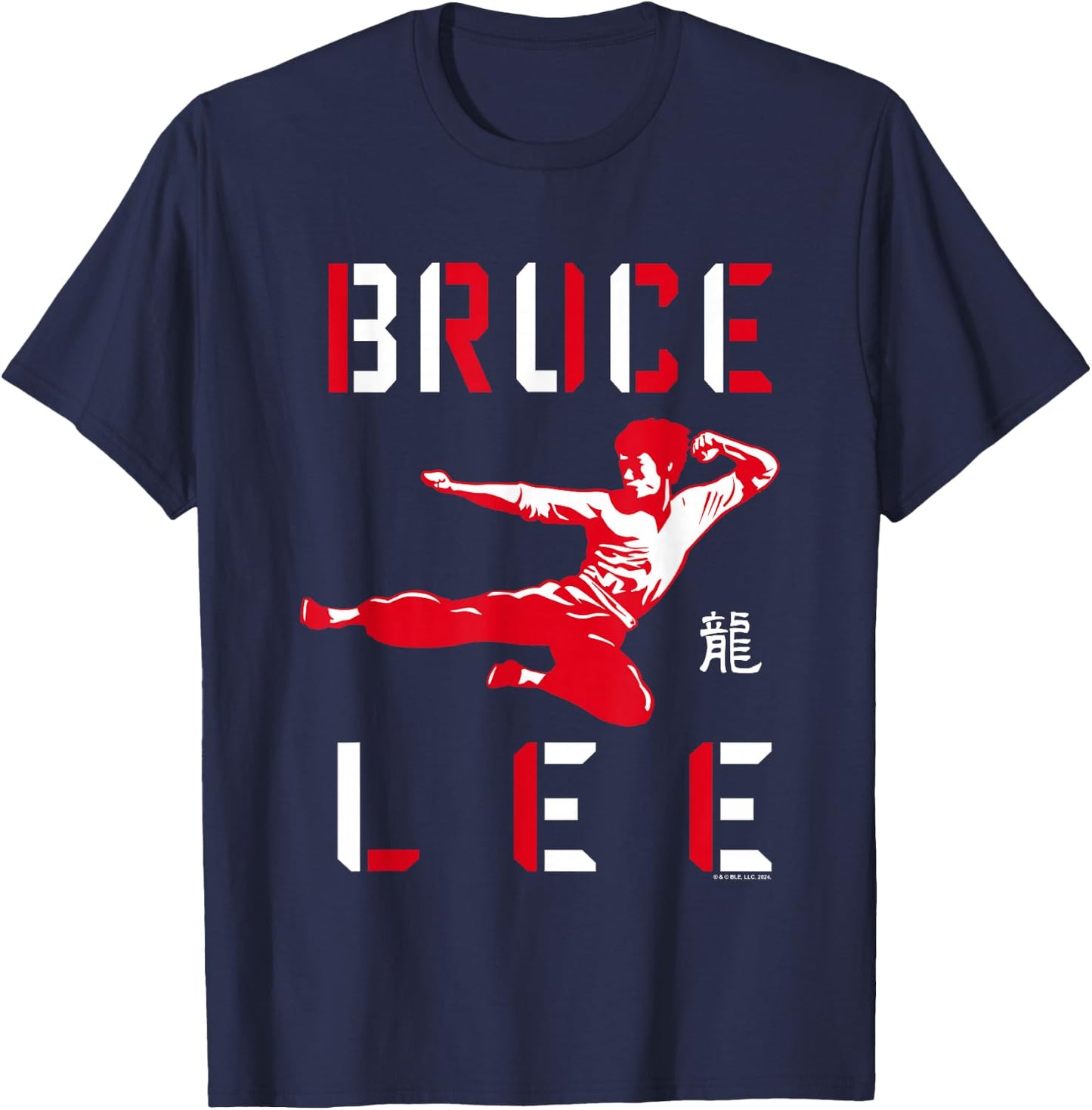 Bruce Lee Flying Kick Shadowed Face Shot , Black, S T-Shirt - T-Shirt | Navy