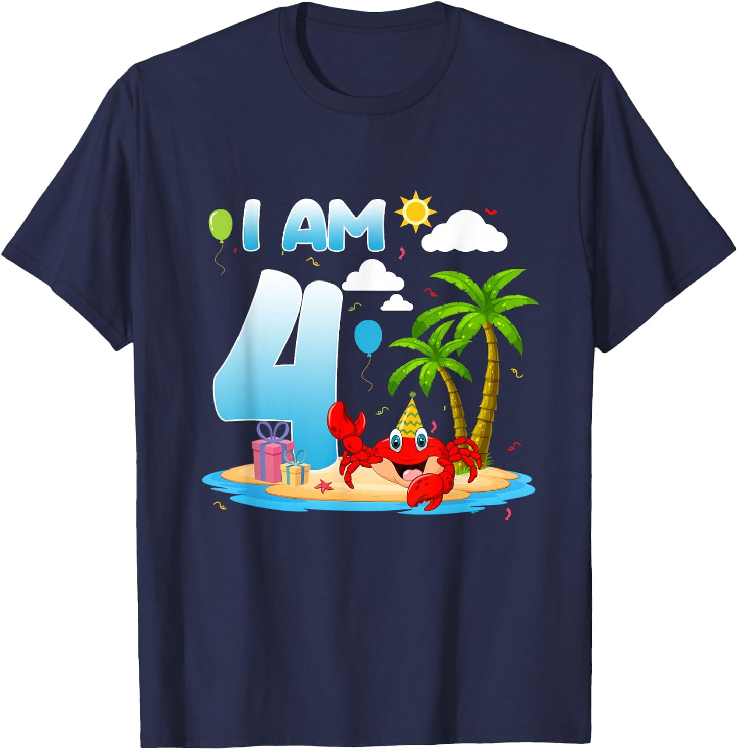 4th Birthday Crab Summer Beach 4 Year Old Bday Party Kids T-Shirt - T-Shirt | Navy