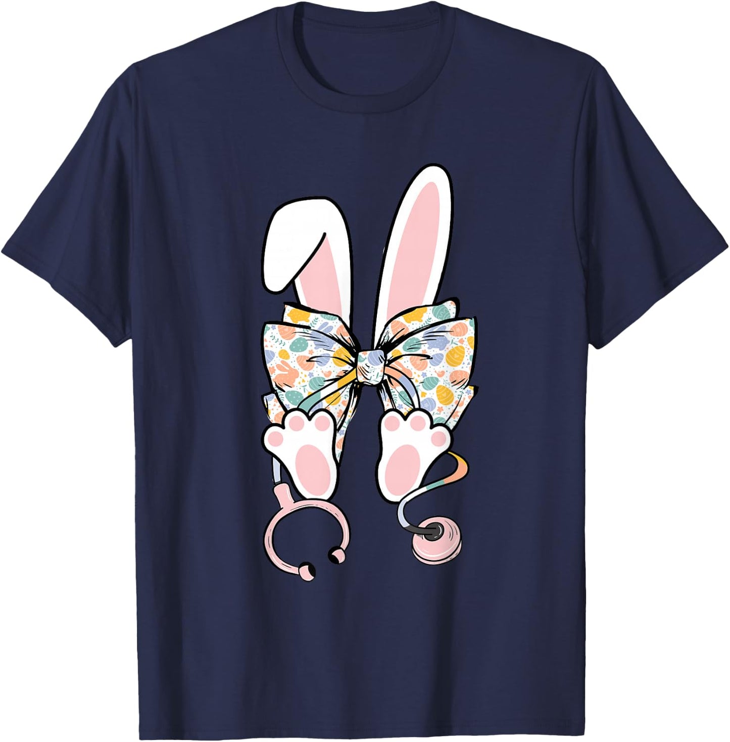 Easter Day Nurse Bunny Coquette Bow Stethoscope Scrub Top T-Shirt - T-Shirt | Navy