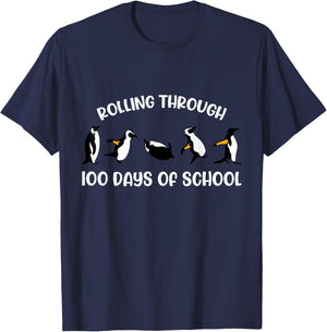 Cute Penguin Kids Rolling through 100 days of school Funny T-Shirt - T-Shirt | Navy