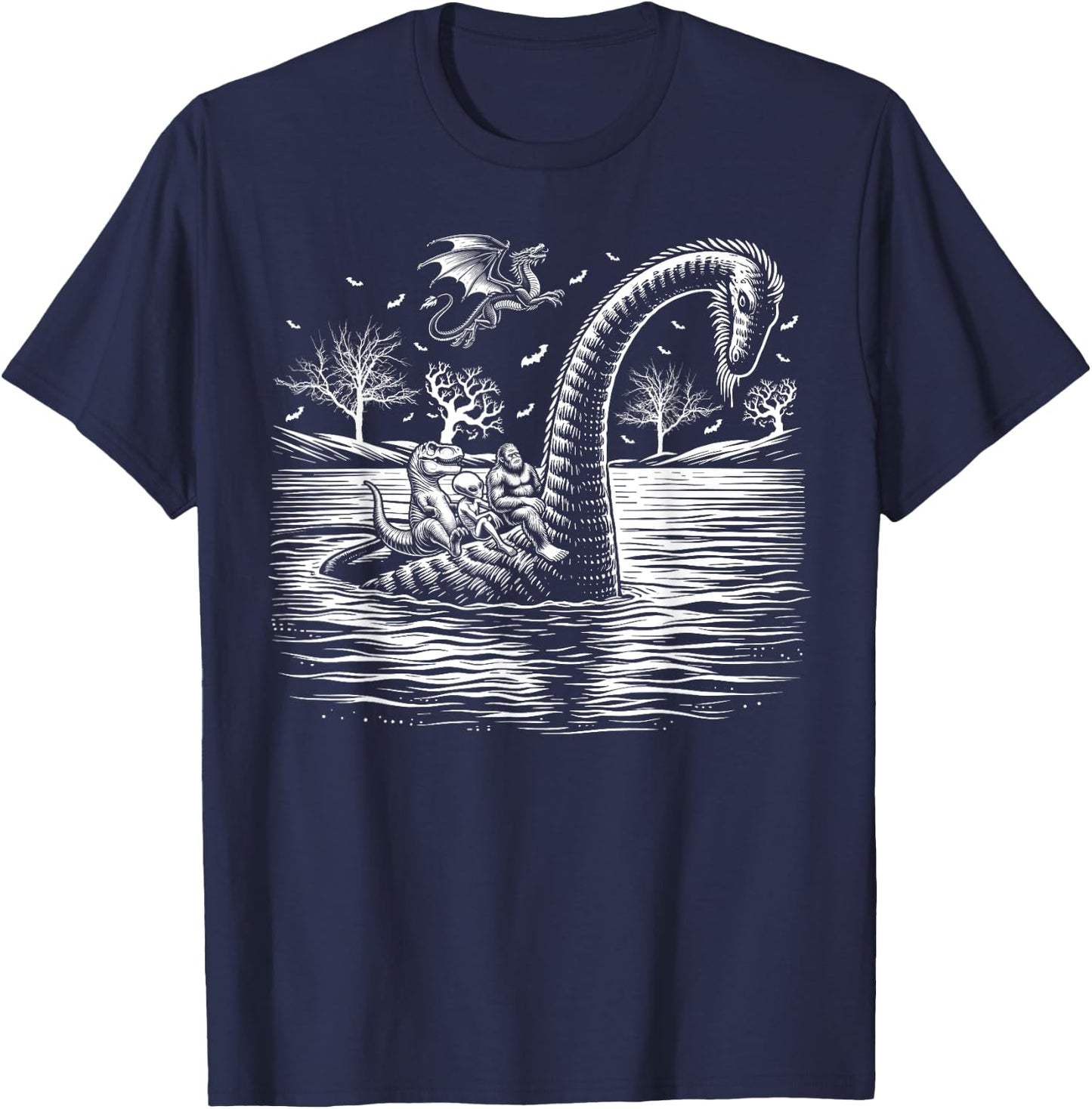 bigfoot Loch Ness monster alien Halloween men women kids T-Shirt - T-Shirt | Navy