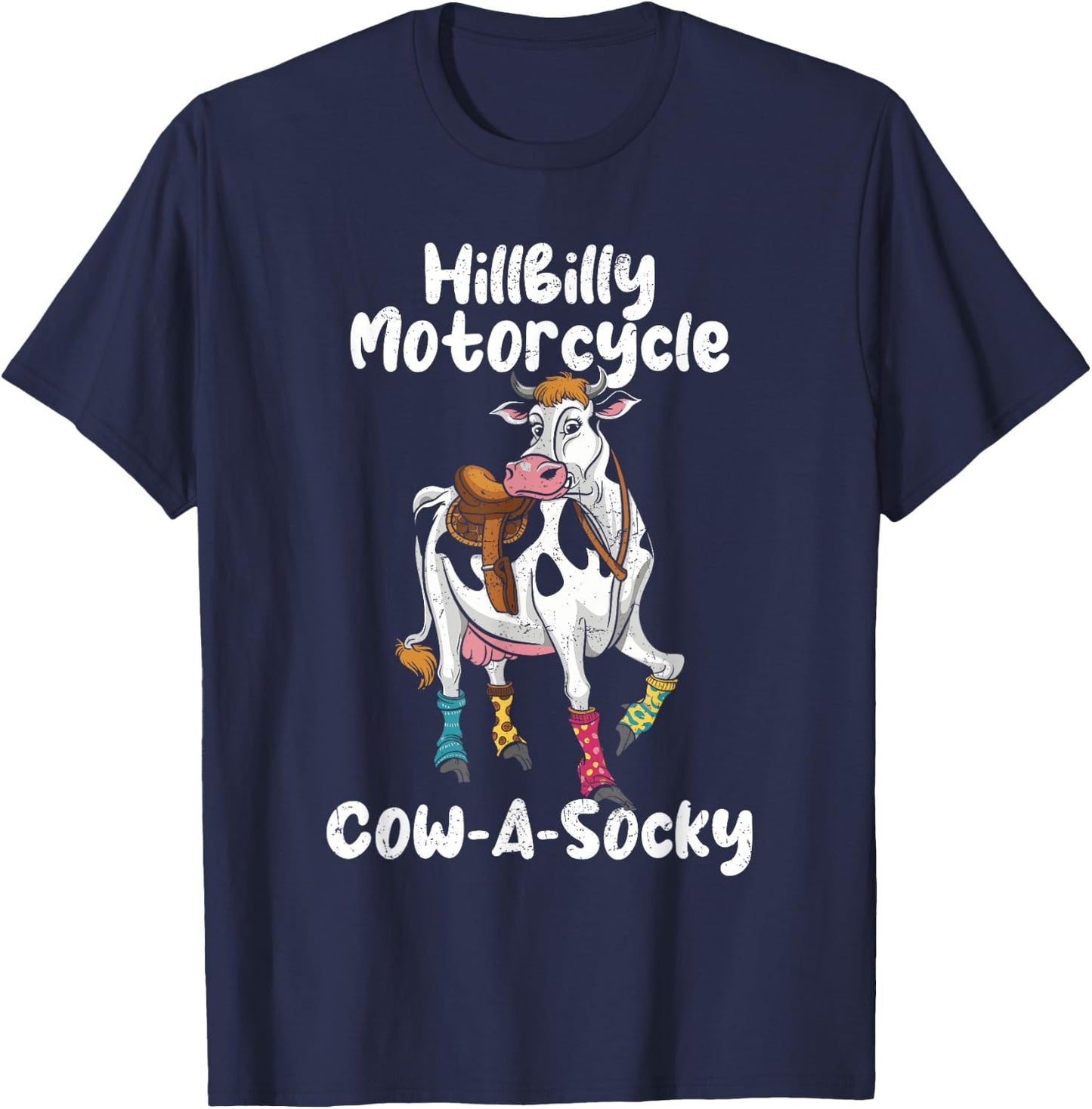 Funny Cow Hillbilly Motorcycle Cow-A-Socky Grunge T-Shirt - T-Shirt | Navy