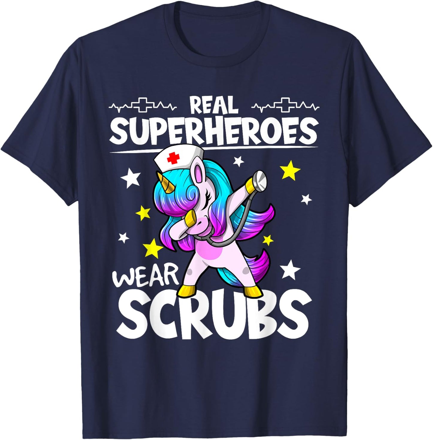 Nursing Dabbing Unicorn Real Superheroes Wear Scrubs Nurse T-Shirt - T-Shirt | Navy
