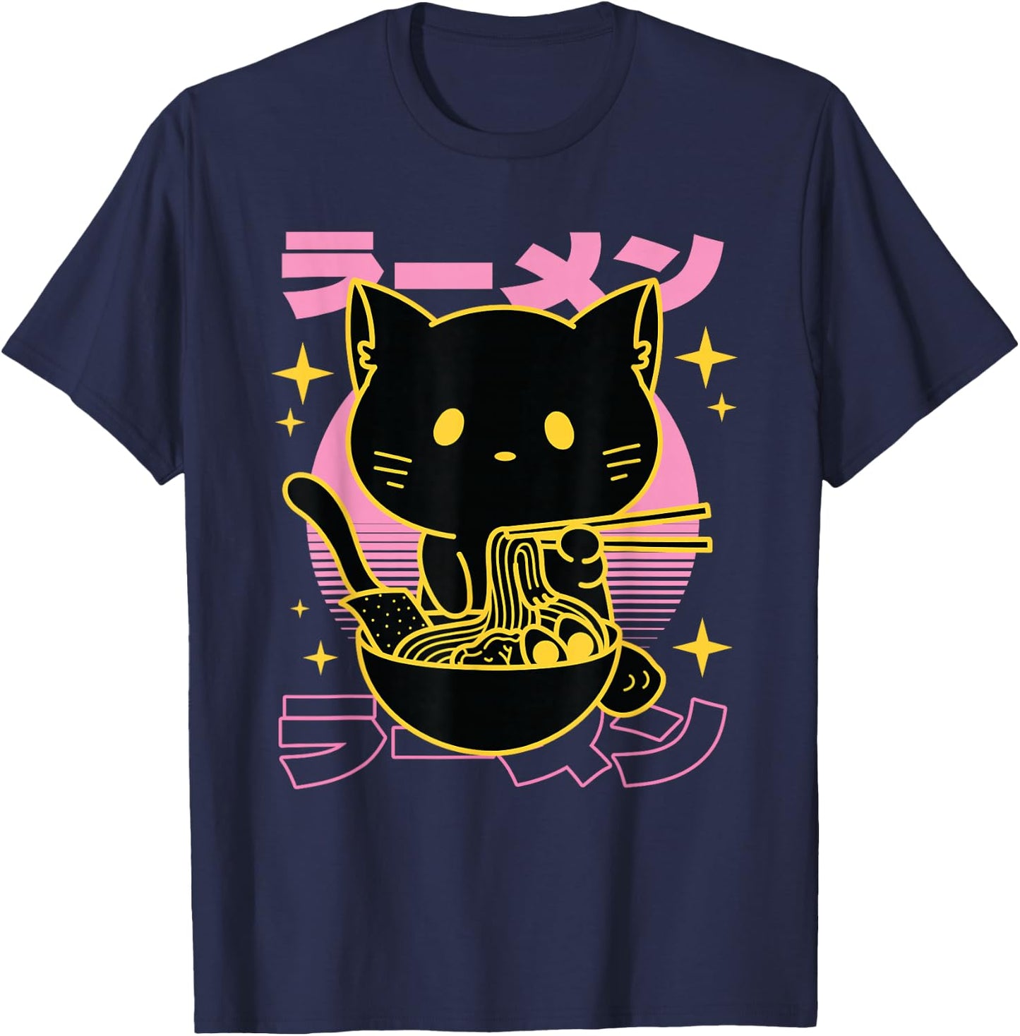 Japanese Cat Retro Ramen Kanji - But First , black T-Shirt - T-Shirt | Navy