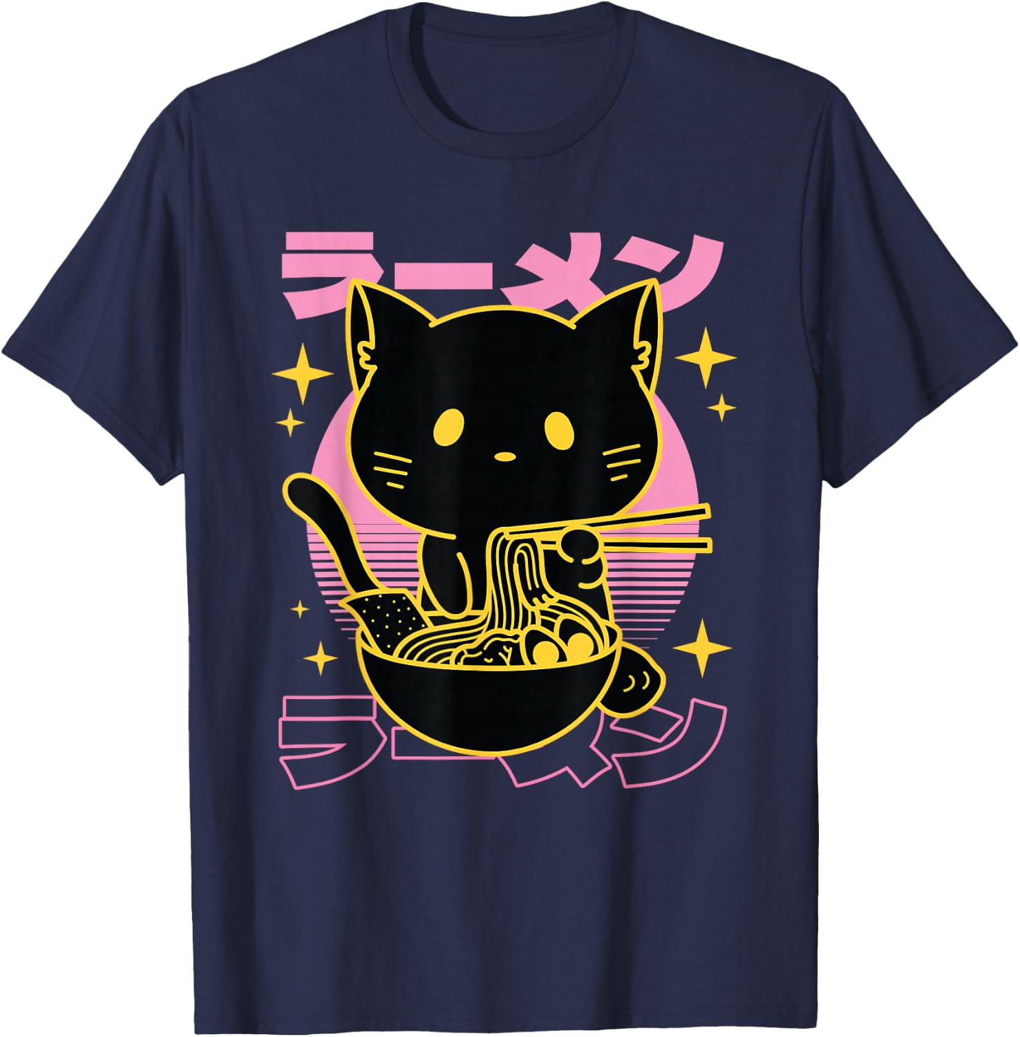 Japanese Cat Retro Ramen Kanji - But First , black T-Shirt - T-Shirt | Navy
