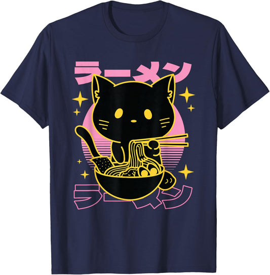 Japanese Cat Retro Ramen Kanji - But First , black T-Shirt - T-Shirt | Navy