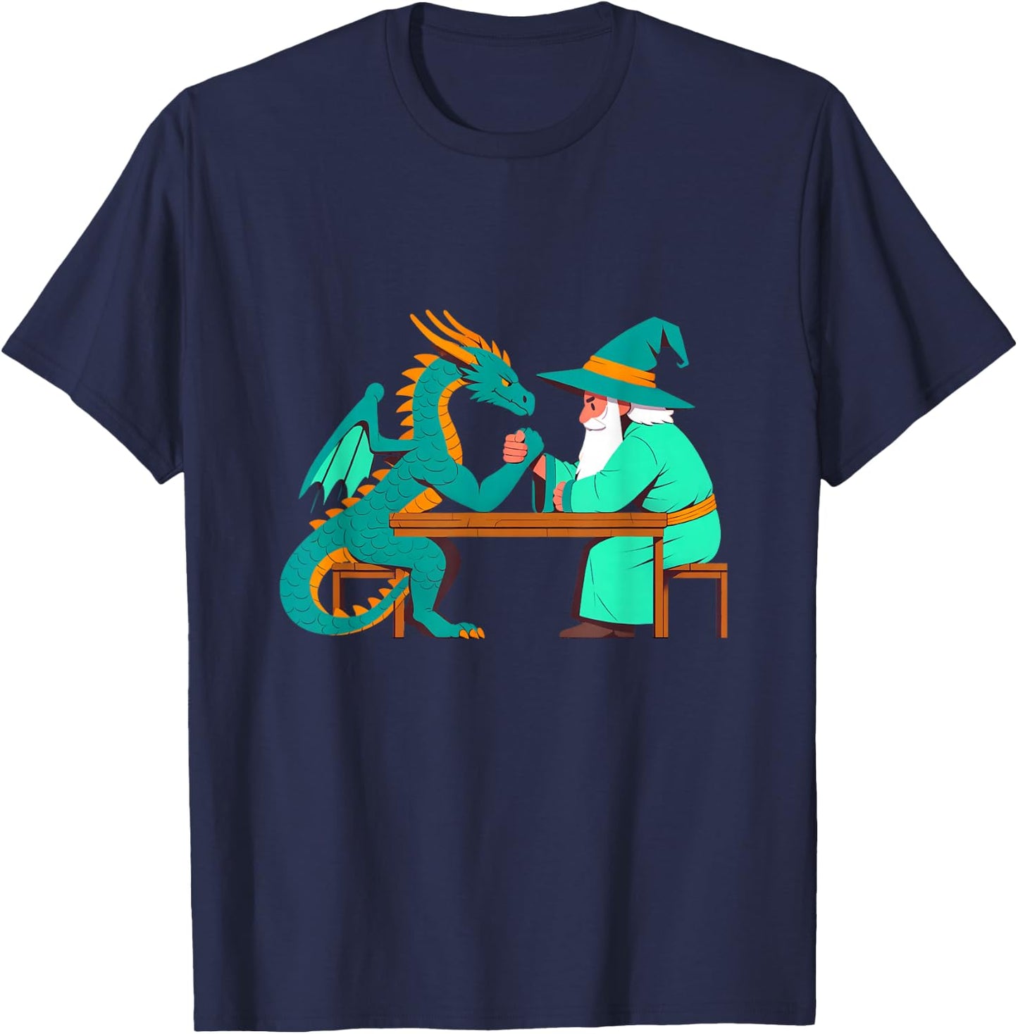 Vintage Funny Dragon And Wizard Fantasy Arm Wrestling Myth T-Shirt - T-Shirt | Navy