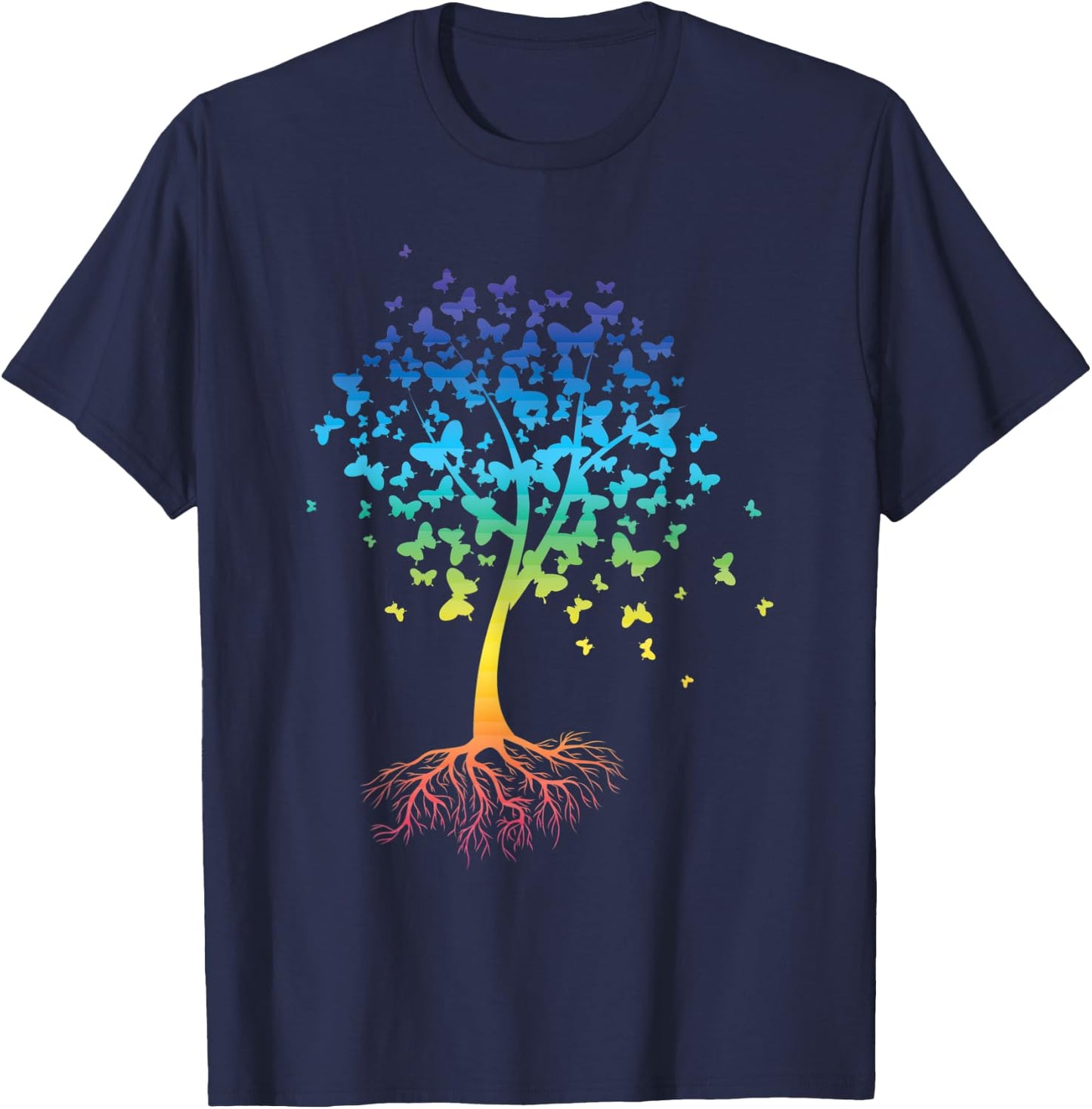 Colorful Butterfly Tree Root Environment Inspiration T-Shirt - T-Shirt | Navy