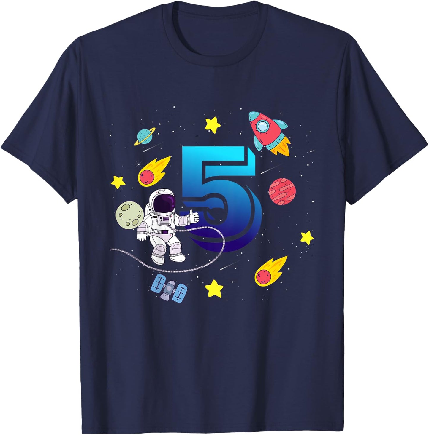 Kids 5 Years Old Birthday Boy Astronaut Outer Space Galaxy T-Shirt - T-Shirt | Navy