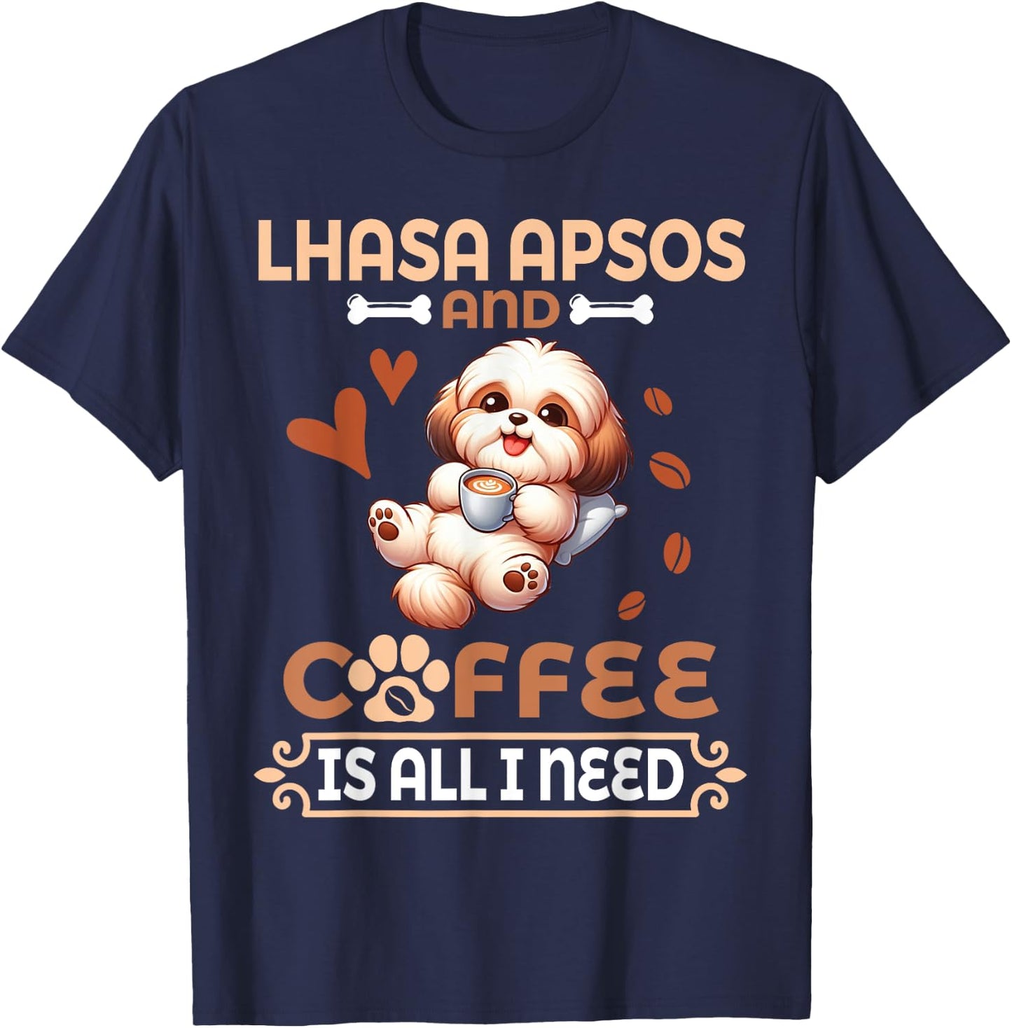 Mom Daddy Drinker Dog Drinking Coffee Lhasa Apso And Coffee T-Shirt - T-Shirt | Navy