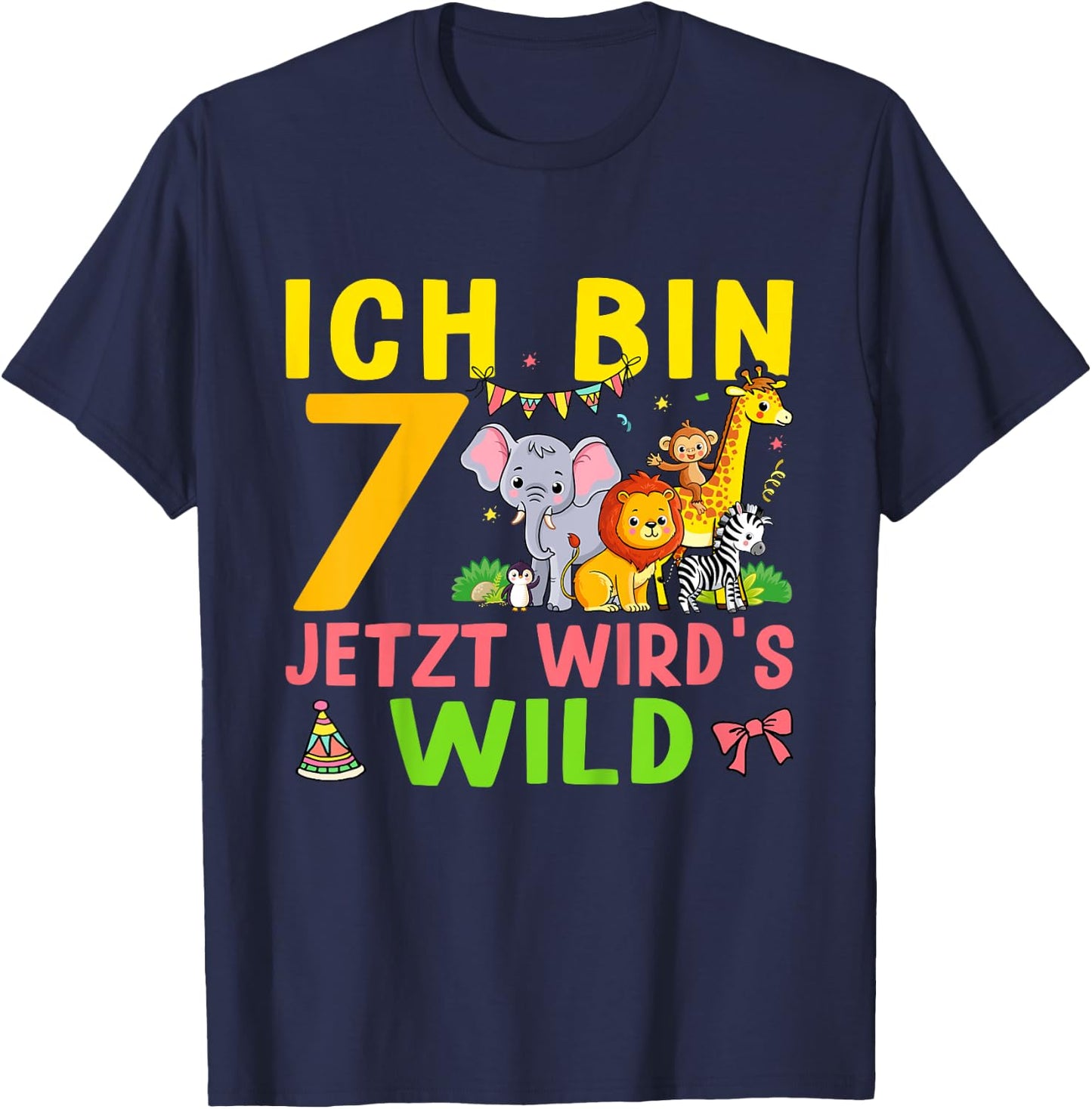 Ich Bin 7 Jetzt Wird's Wild Geburtstag Dschungel Zoo Tiere T-Shirt - T-Shirt | Navy