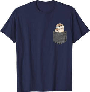 Otter Lover Pocket Gifts -Adults & Kids Black Small Cartoon Short Sleeve T-Shirt - T-Shirt | Navy