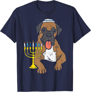 Jewish Boxer Dog Menorah Hanukkah Pajamas Chanukah PJs T-Shirt - T-Shirt | Navy