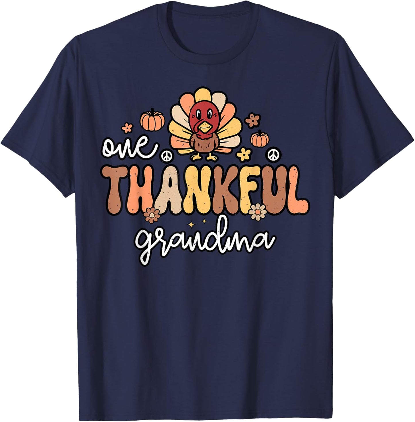 One Thankful Grandma Women Groovy Retro Thanksgiving Grandma T-Shirt - T-Shirt | Navy