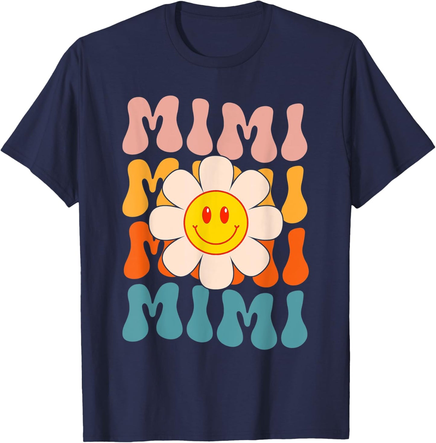 Retro Groovy Mimi Happy Face Smile Cute Daisy Flower Grandma T-Shirt - T-Shirt | Navy