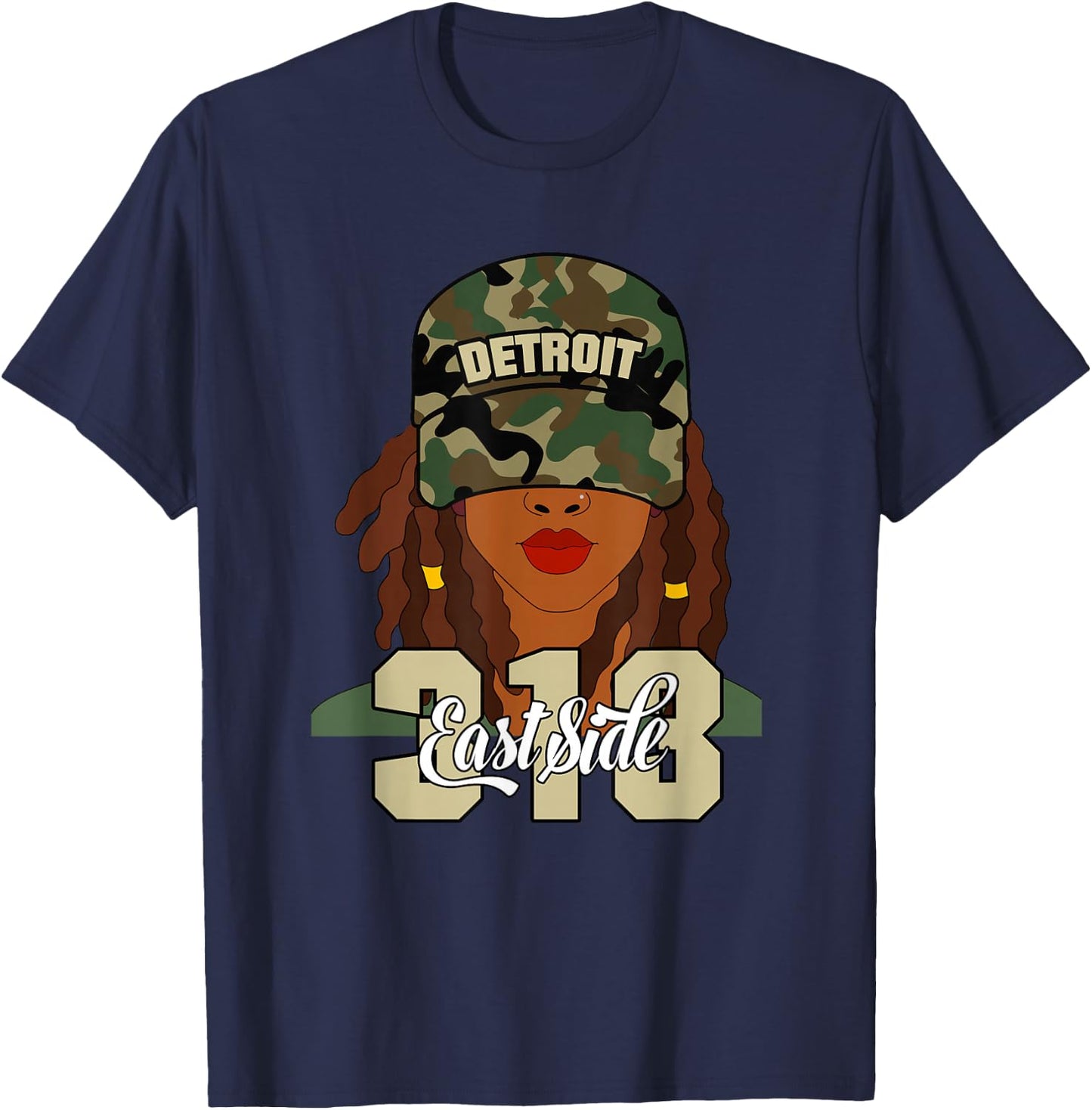 Detroit 313 East Side Hood Black Woman Camo Locs T-Shirt - T-Shirt | Navy