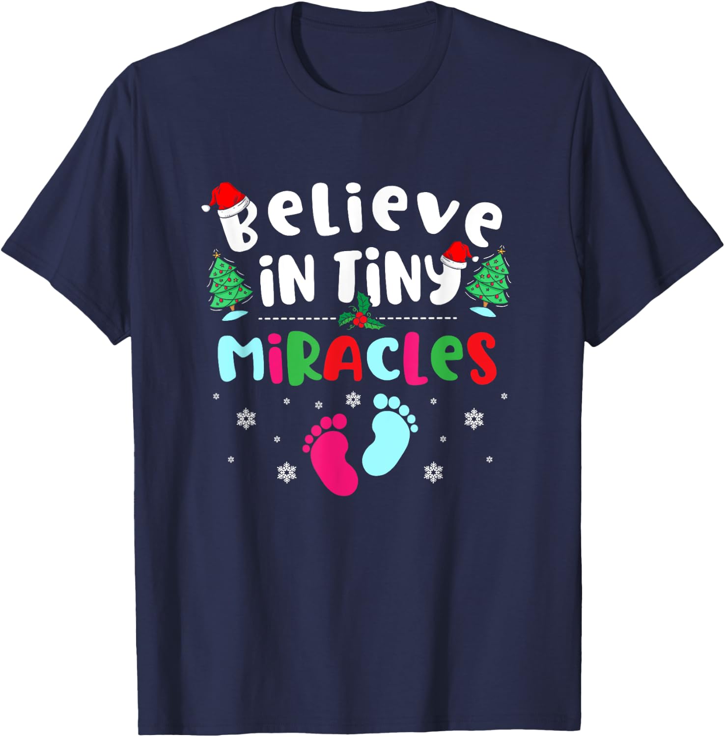 Xmas Believe In Tiny Miracles Christmas NICU Nurse T-Shirt - T-Shirt | Navy