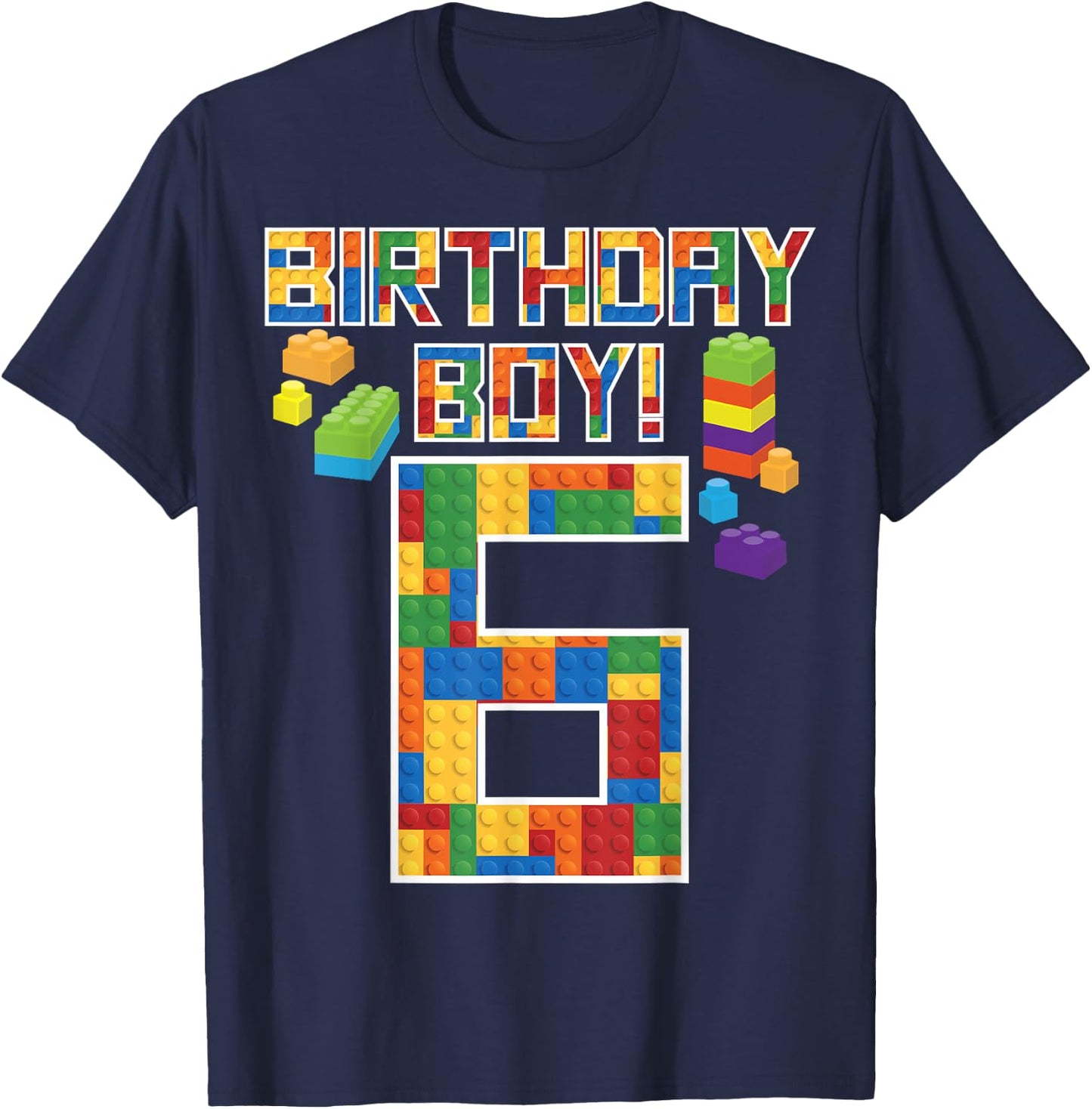 Cute 6th Birthday Gift 6 Years Old Block Building Boys Kids T-Shirt - T-Shirt | Navy