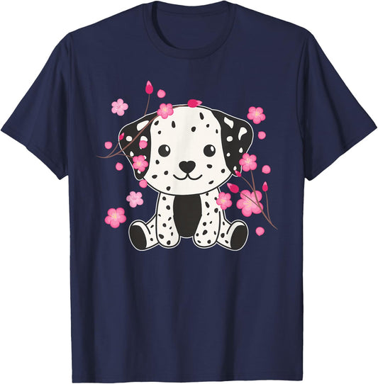 Dalmatian Cute Animals for Children Kawaii Cherry Blossoms T-Shirt - T-Shirt | Navy