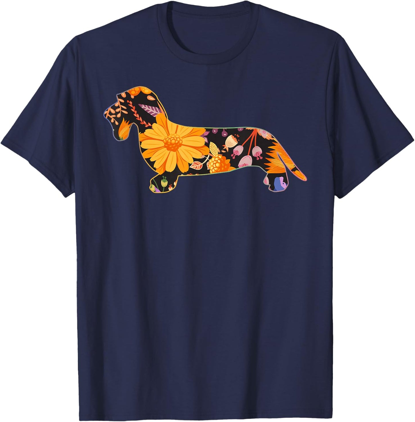 Dachshund Wire Hair Floral Flower Vintage Retro T-Shirt - T-Shirt | Navy
