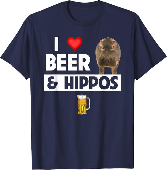 I Love Beer and Hippos Drinking Wildlife Safari Animals T-Shirt - T-Shirt | Navy