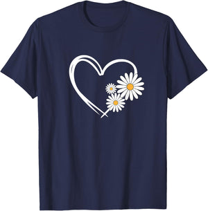 Heart With Daisy Flowers, Daisies With Heart Outline T-Shirt - T-Shirt | Navy
