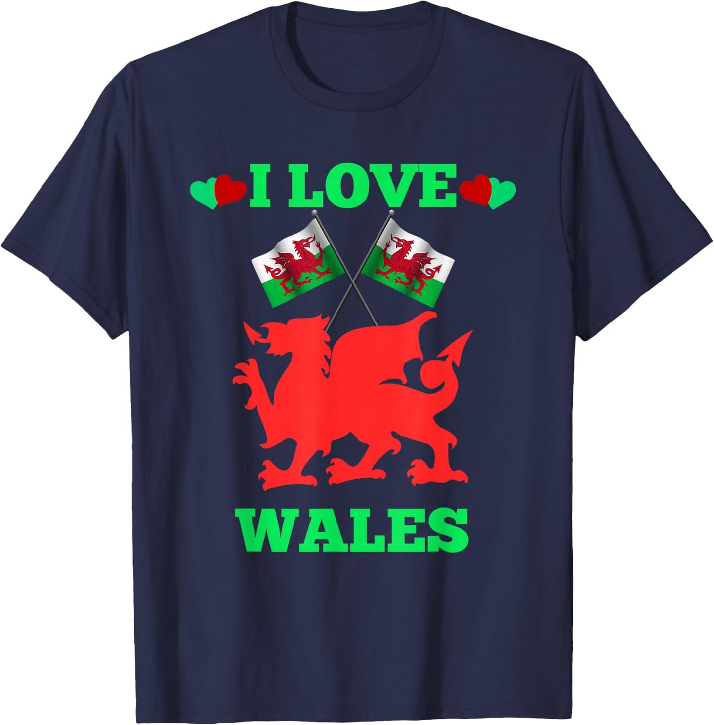 I Love Wales Flags Dragon Hearts T-Shirt - T-Shirt | Navy
