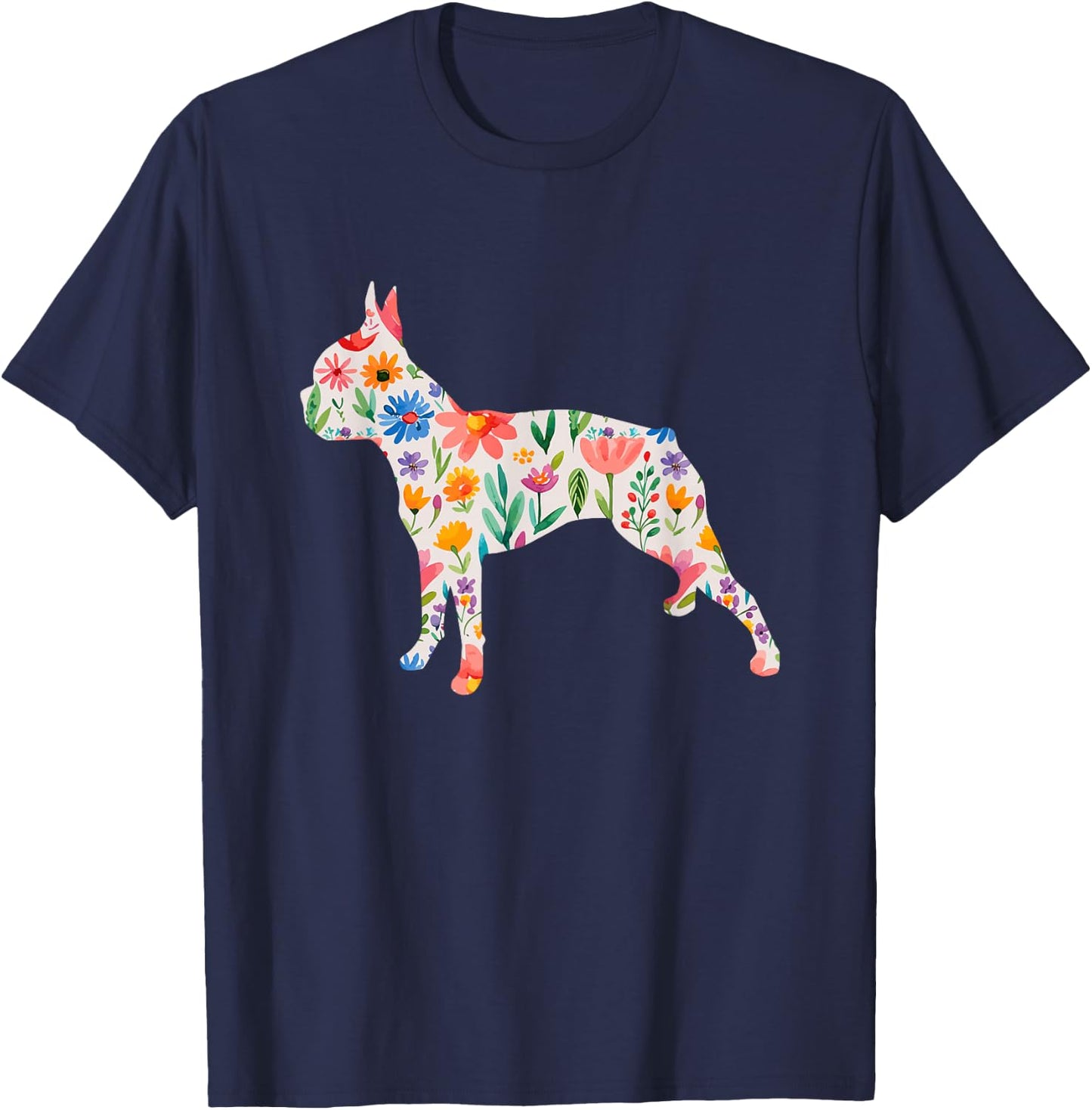 Boston Terrier Watercolour Flowers Design T-Shirt - T-Shirt | Navy