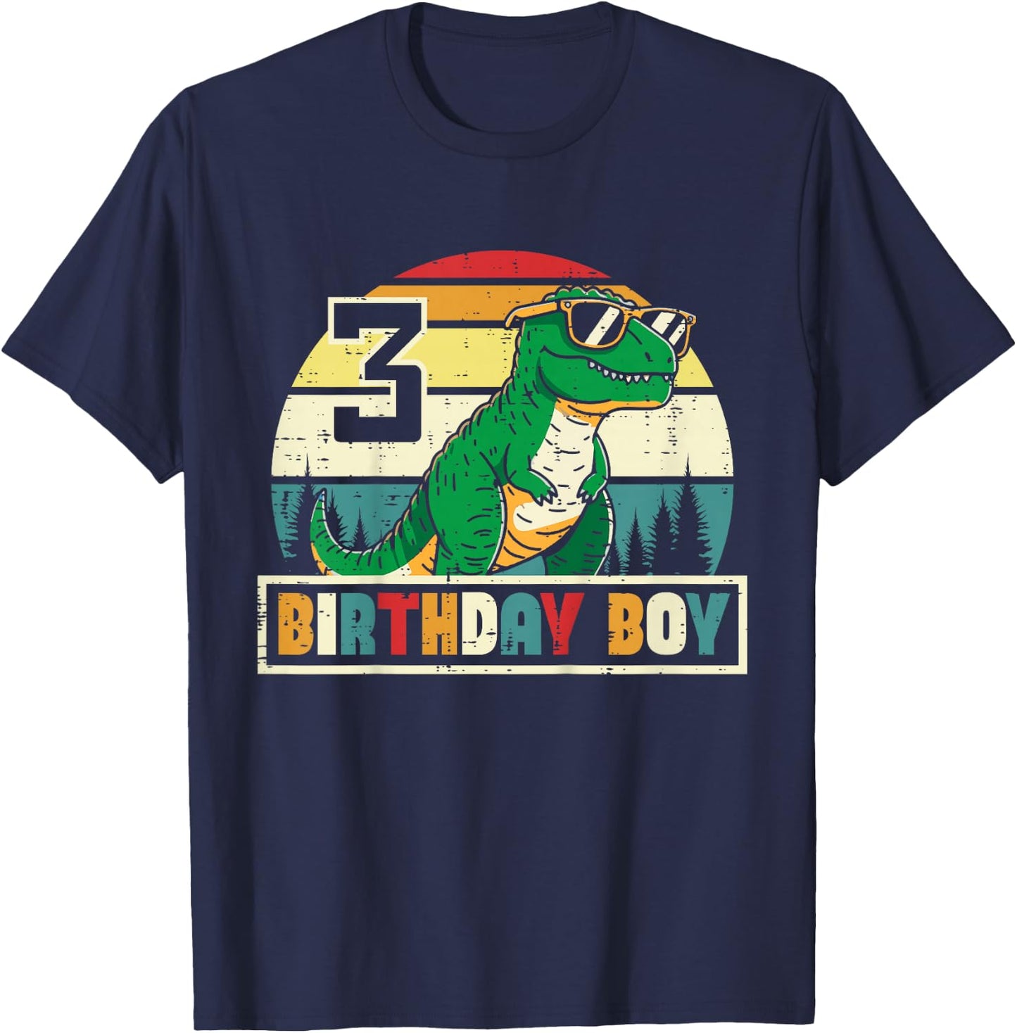 Kids 3 Birthday Boy Dino Trex Retro 3rd Bday Three Year Boys Kids T-Shirt - T-Shirt | Navy