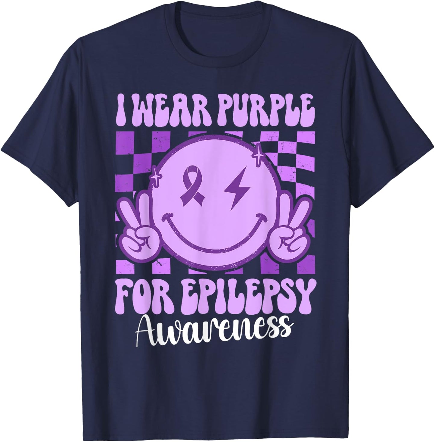 I Wear Purple For Epilepsy Awareness Smile Face Epilepsy T-Shirt - T-Shirt | Navy