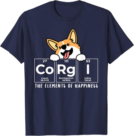 Corgi Funny Elements of Happiness Corgi Dog Lover T-Shirt - T-Shirt | Navy