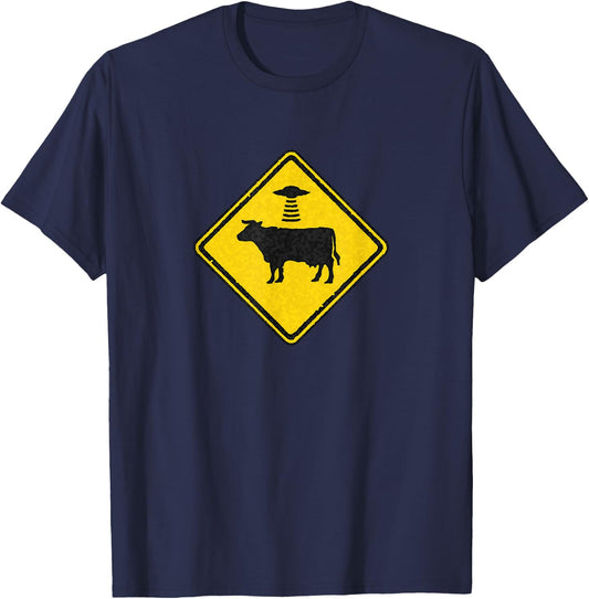 Funny Alien Abduction Cattle Crossing Sign For UFO Believer T-Shirt - T-Shirt | Navy
