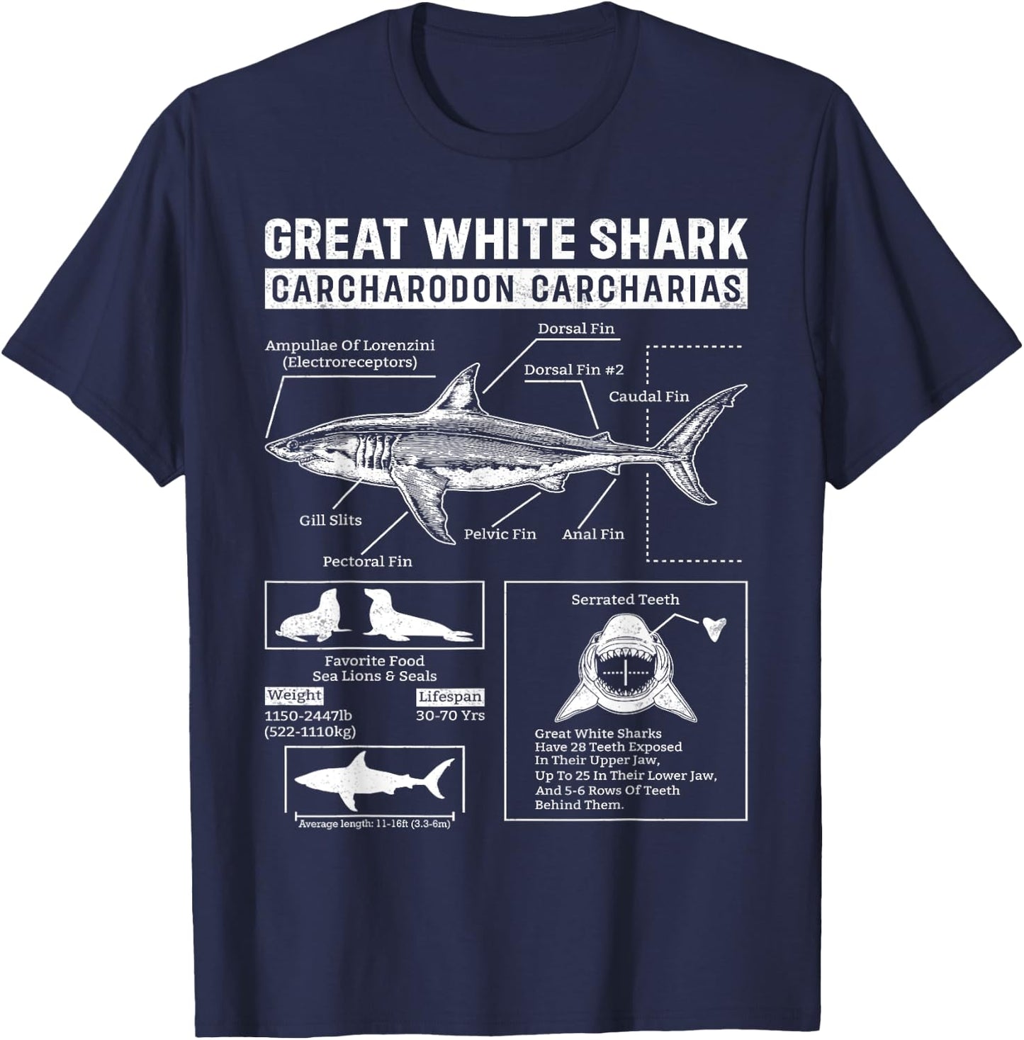 Vintage Great White Shark Anatomy Lover Marine Biologist T-Shirt - T-Shirt | Navy