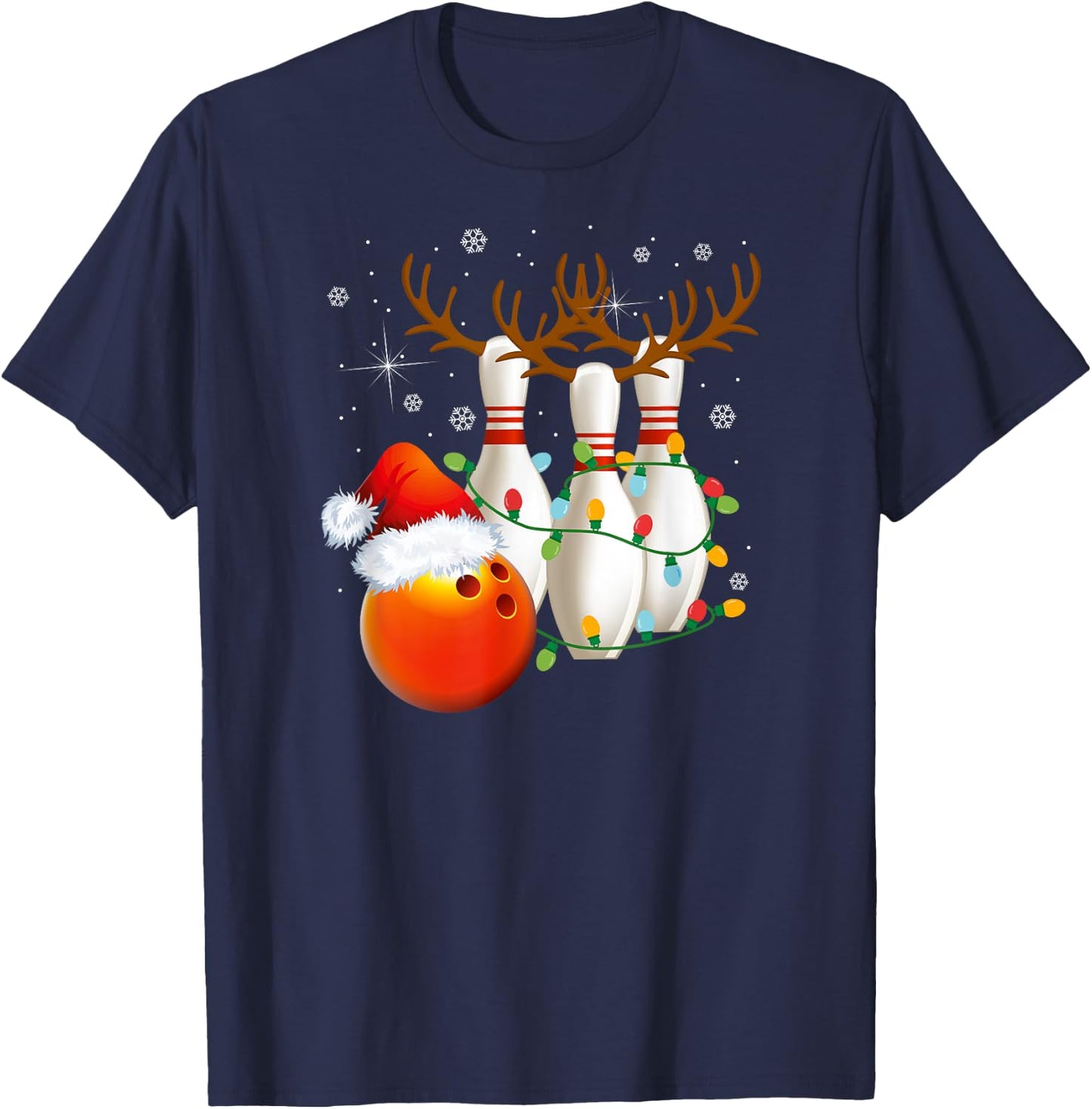 Bowling Gifts Christmas Bowling Santa Hat Christmas Lights T-Shirt - T-Shirt | Navy