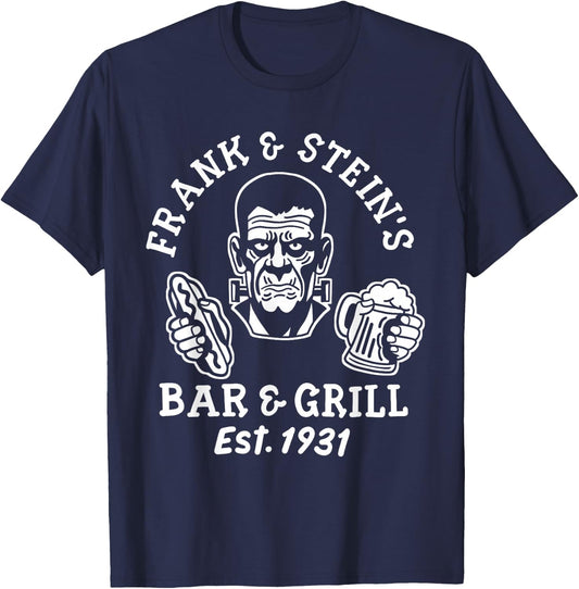 Frank and Steins Bar and Grill Funny Halloween Party Guys T-Shirt - T-Shirt | Navy