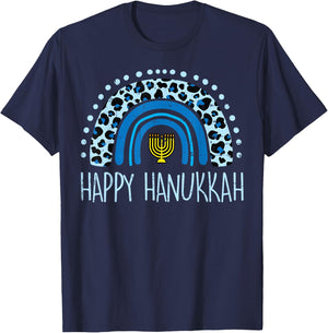 Leopard Rainbow Happy Hanukkah Chanukah Jew Women Girls Kid T-Shirt - T-Shirt | Navy
