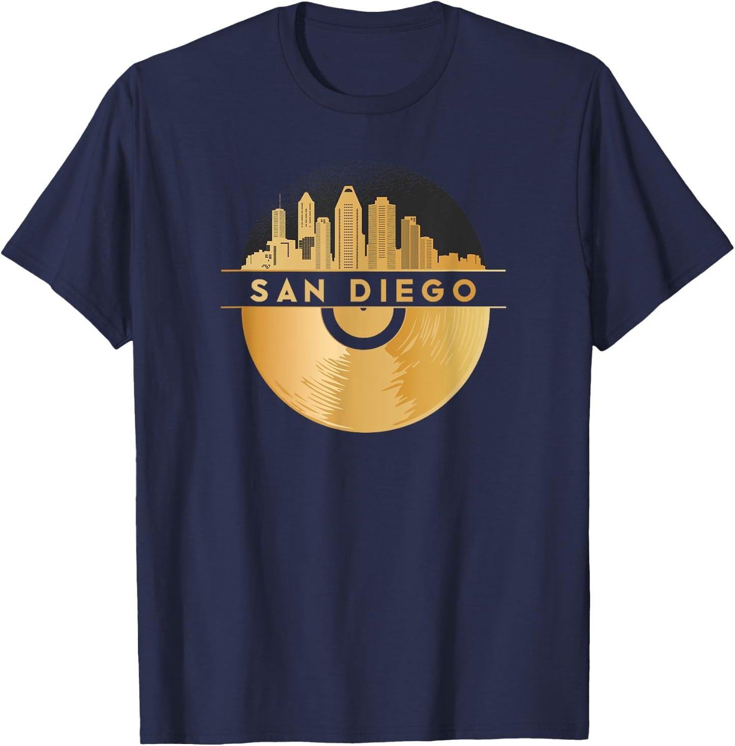 Vinyl-Record-Player Disco-Music Skyline-San-Diego T-Shirt - T-Shirt | Navy