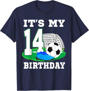 It's My 14 Year Old Birthday Soccer 14th Party Boy T-Shirt - T-Shirt | Navy