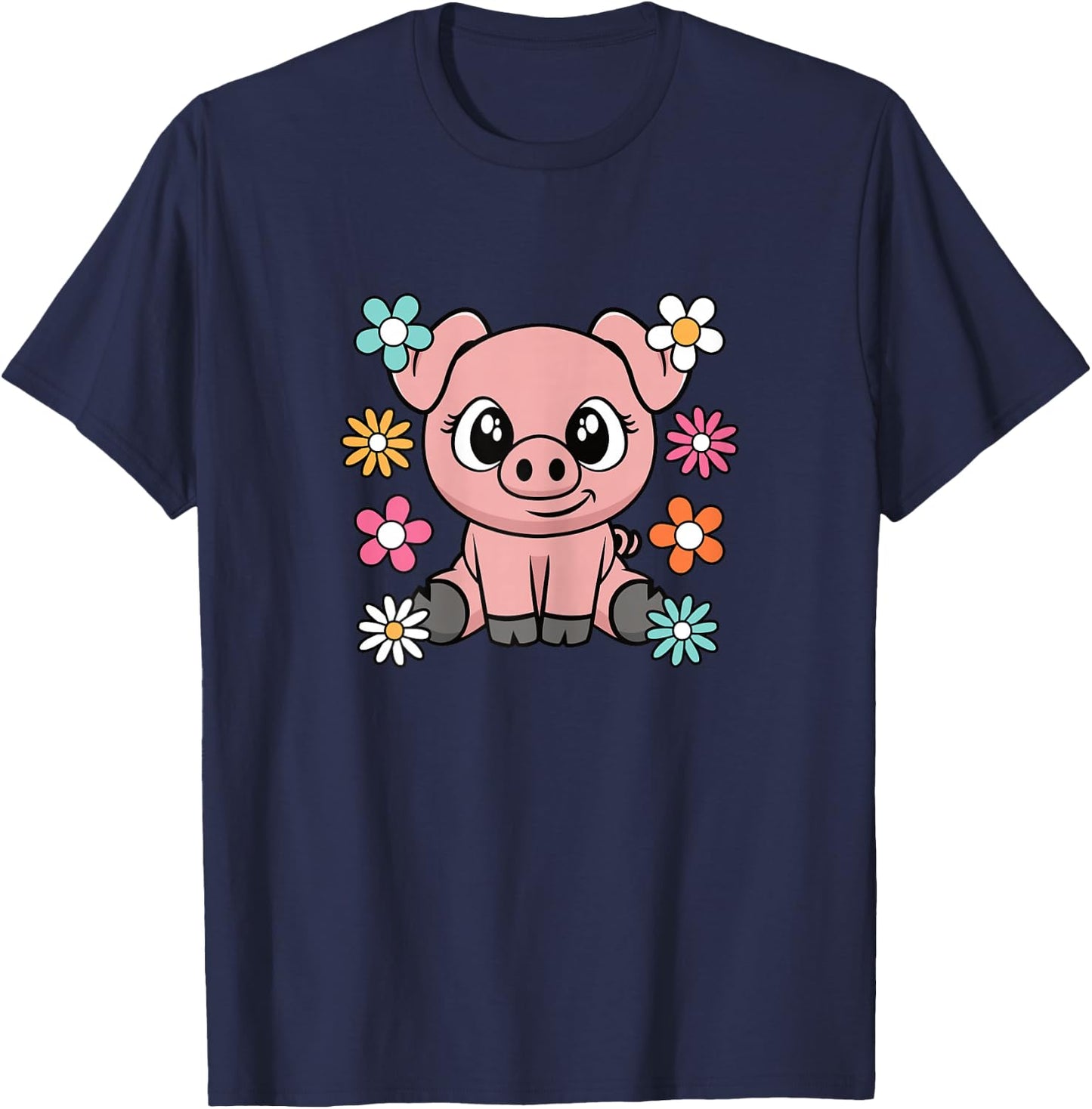 Cute Pig Lover Groovy Piglet Flower Women Girls Kids T-Shirt - T-Shirt | Navy