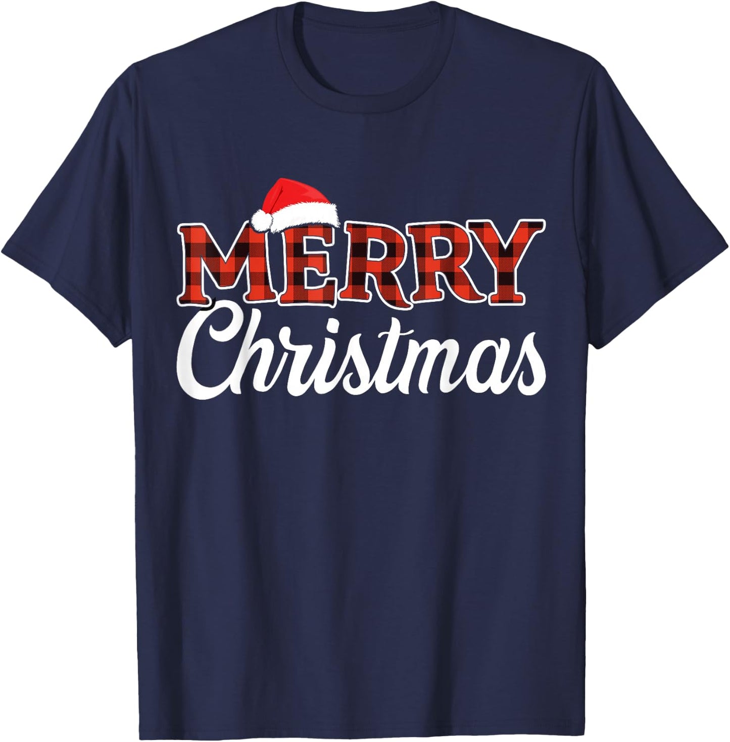 Merry christmas santa hat for holiday family buffalo plaid T-Shirt - T-Shirt | Navy
