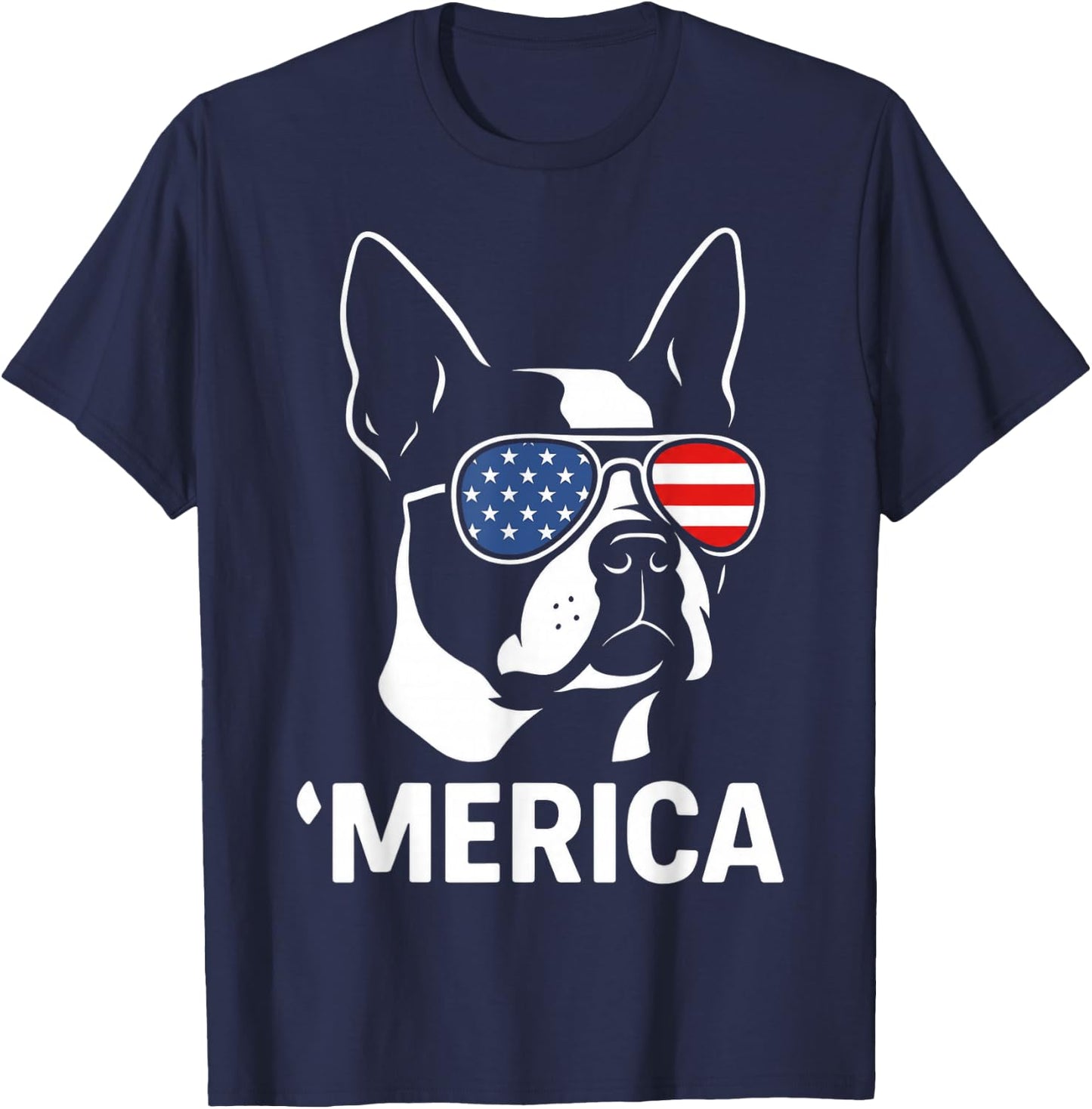 Boston Terrier Merica Patriotic Dog 4th of July USA Flag T-Shirt - T-Shirt | Navy