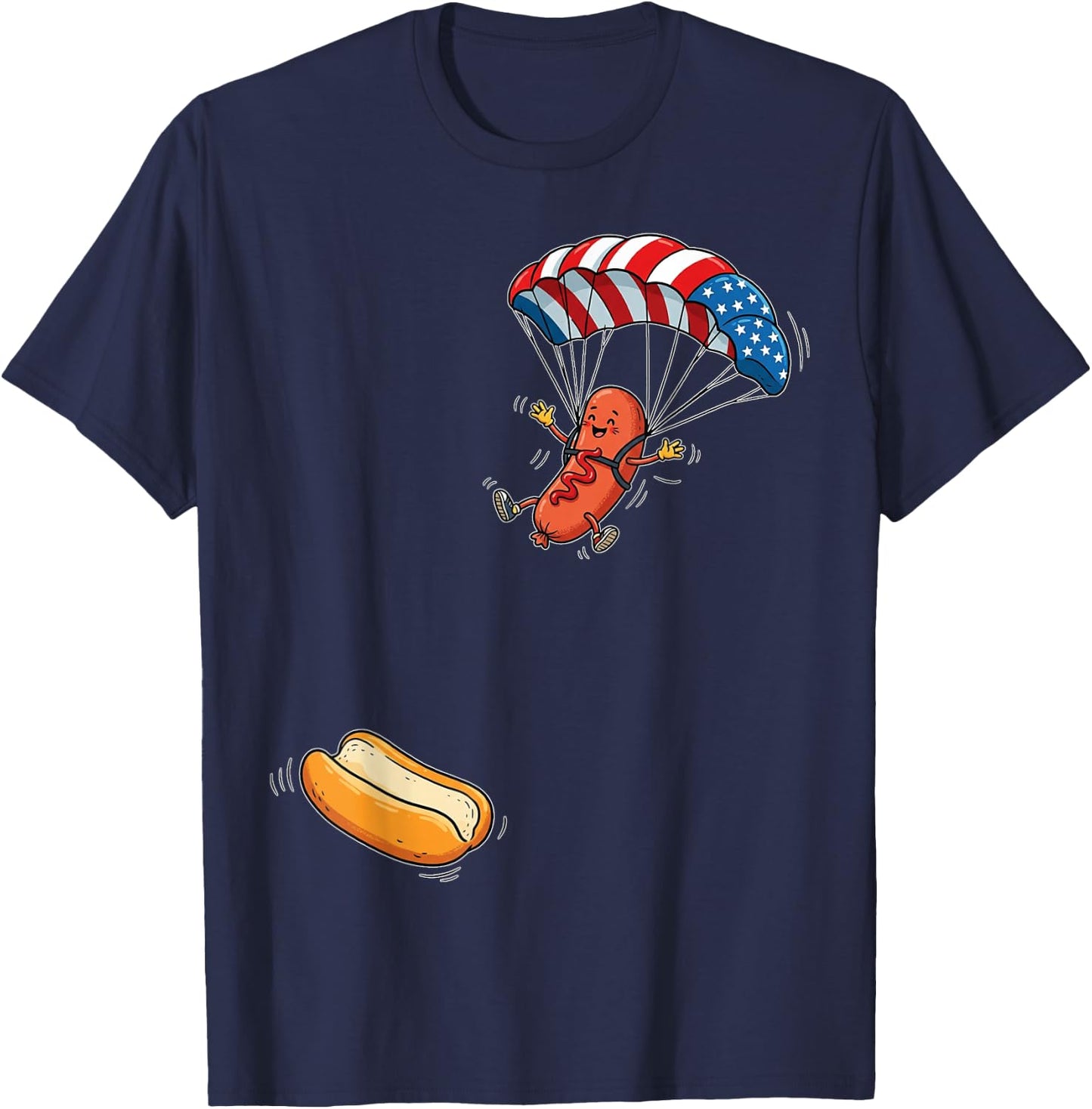 Funny Hot Dog Jumping Into Bun Sausage BBQ Skydiving USA T-Shirt - T-Shirt | Navy
